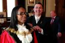 Mayoral mace bearer Jon Stokes shares a joke with Croydon's mayor Patricia Hay-Justice