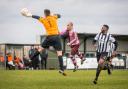 Close: Corinthian Casuals' Jamie Byatt is denied by the keeper in the 1-0 win over Peacehaven & Telscombe     Picture: Stuart Tree