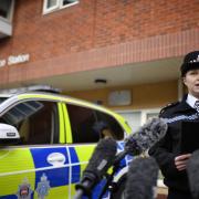 Inspector Lyndsey Whatley speaks to the media outside Caterham Police Station, Surrey, after a dog attacked members of the public at Gravelly Hill