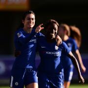 Karen Carney and Eniola Aluko celebrates a goal against Yeovil Town