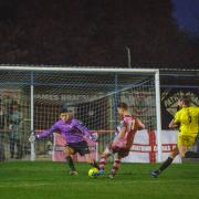 Max Oldham hits the target for Corinthian-Casuals against Ashford United on Saturday. Picture: Stuart Tree