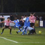Tonbridge's Chinedu McKenzie stabs home the winner from close range after Joe Turner's floated free-kick bamboozled the K's defence. Pic: Tonbridge Angels FC