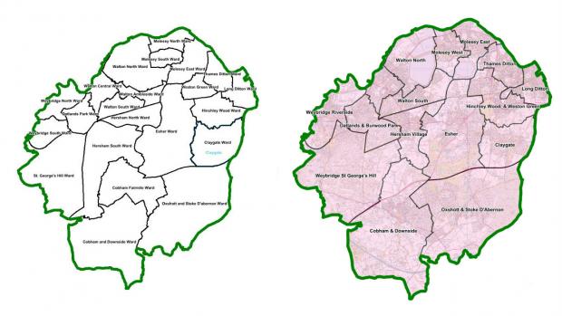 A before (left) and after (right) picture shows the change in ward boundaries