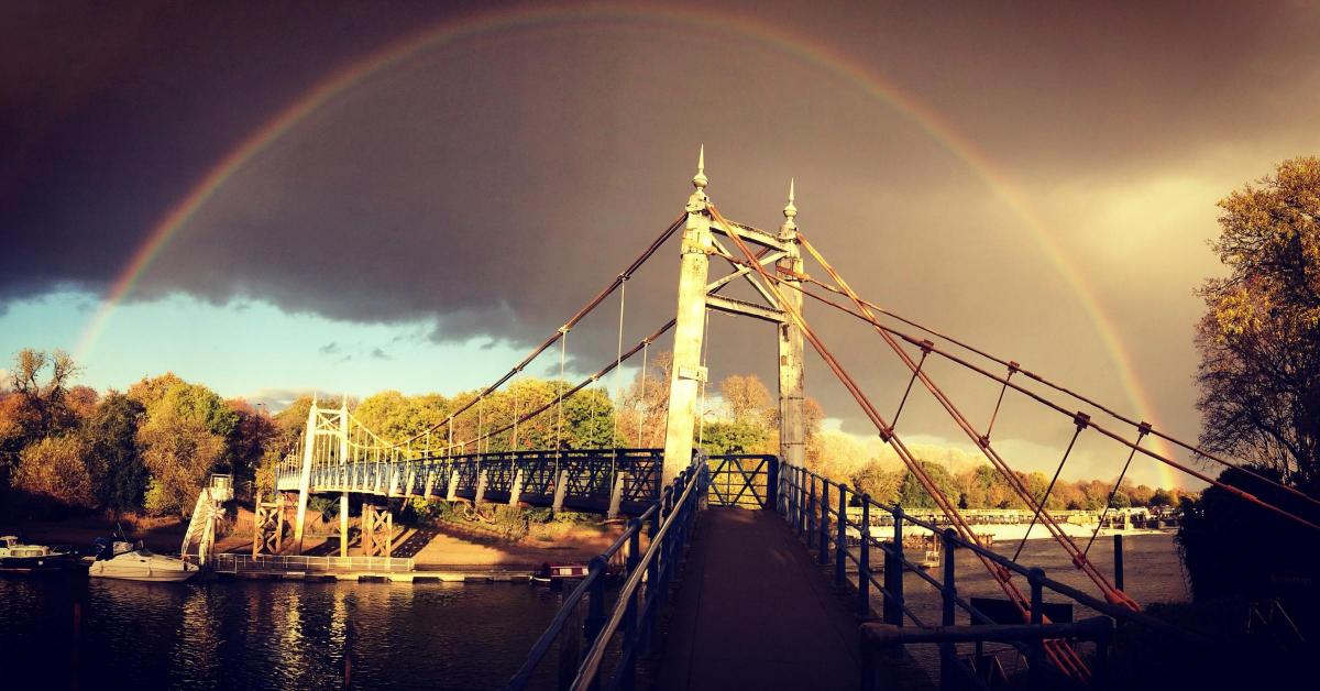 Jane Izard took this incredible photo of a rainbow poised over Teddington lock on November 10