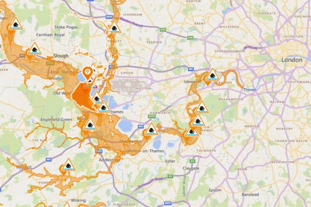 Surrey Comet: Screenshot shows flood alerts and warnings in SW London near the Thames