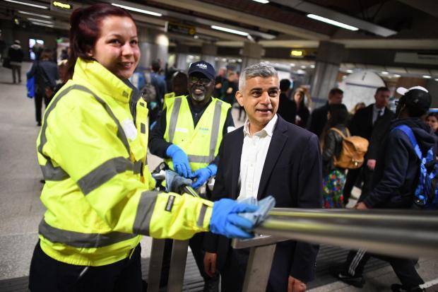 Sadiq Khan pictured at a London Underground station as enhanced cleaning regimes are brought in