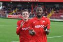 Bobby Price and Kingsley Aikhionbare celebrate against Three Bridges Picture: Ian Gerrard