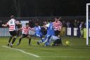 Tonbridge's Chinedu McKenzie stabs home the winner from close range after Joe Turner's floated free-kick bamboozled the K's defence. Pic: Tonbridge Angels FC
