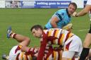 Opener: Adam Bellamy gets over to open Rosslyn Park's ultimately doomed account at Fylde            Picture: David Whittam