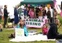 Members of animal rights protest group Animal Rising, demonstrate near to the racecourse's entrance during the Derby Festival at Epsom Downs Racecourse, Epsom after they were allocated the space by the Jockey Club (PA)