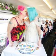 Jane Magnet (left) and Laura Dale after their wedding on Avanti West Coast's 'Marriage Carriage'